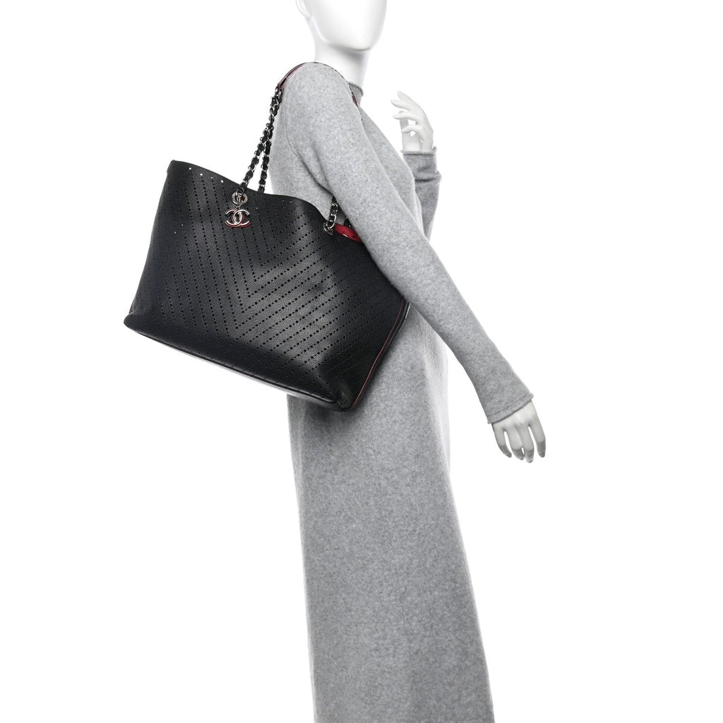 Perforated Grained Calfskin Large Shopping Tote Black