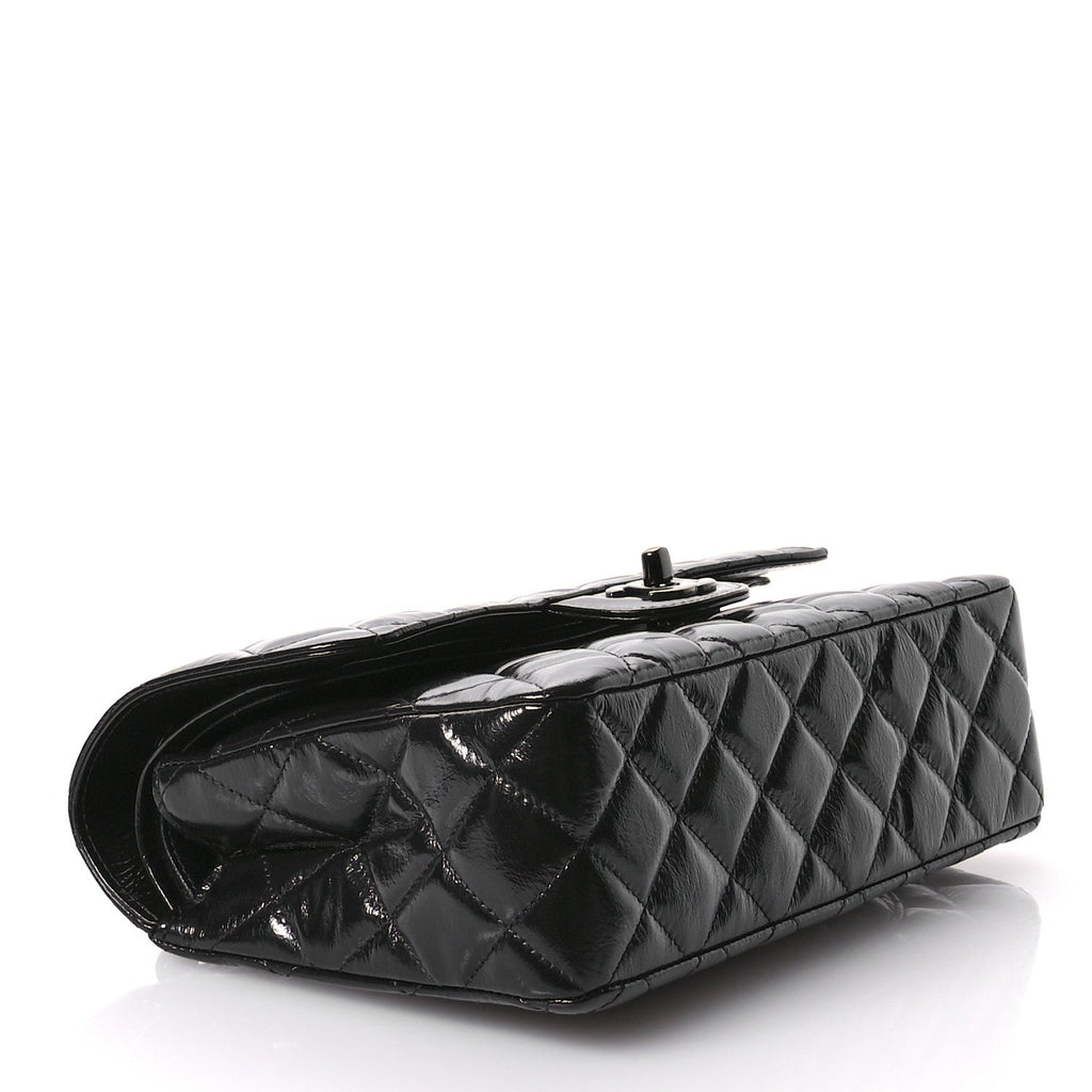 Shiny Crumpled Calfskin Quilted Small Double Flap So Black