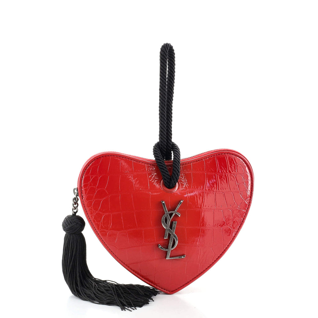 Heart Tassel Clutch Crocodile Embossed Leather