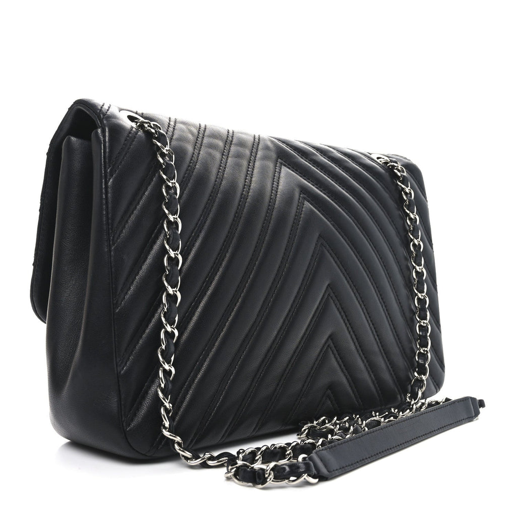 Lambskin Chevron Quilted Double Stitch Jumbo Double Flap Black
