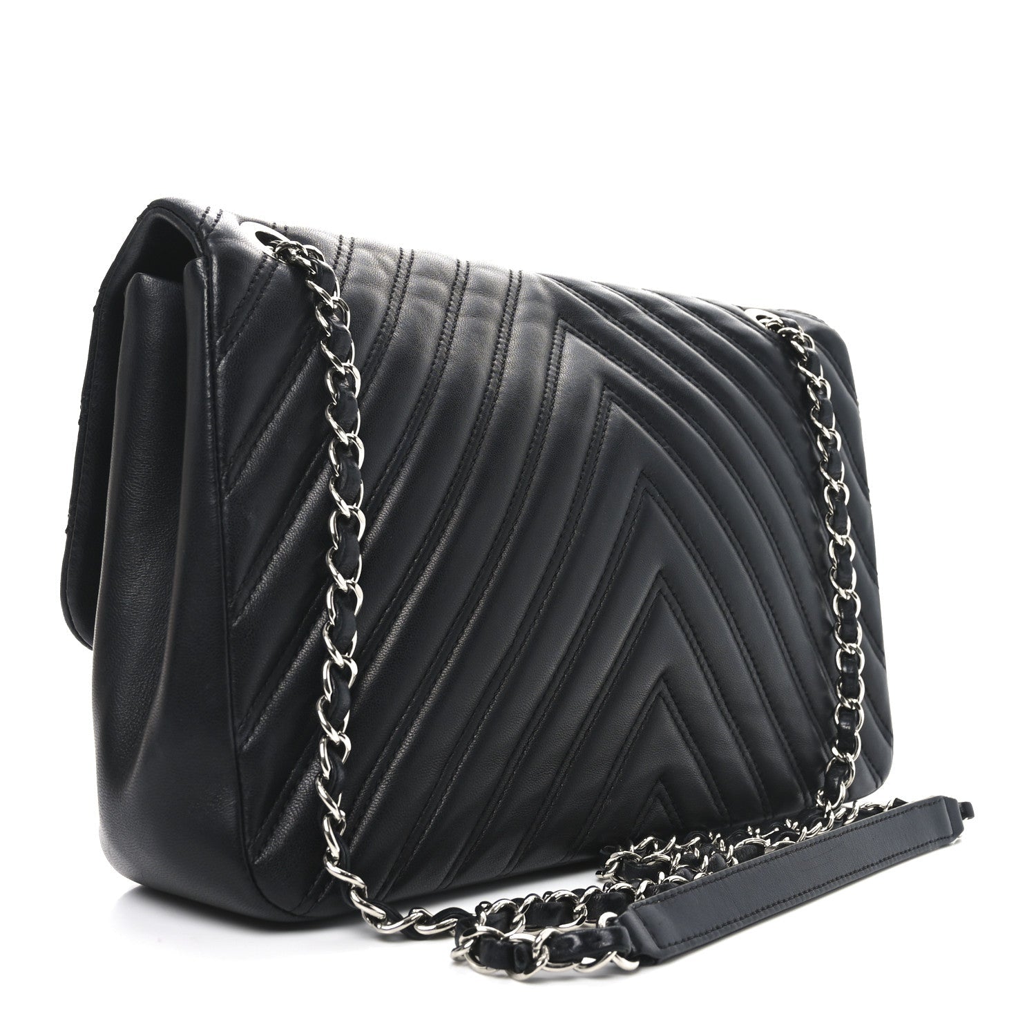 Lambskin Chevron Quilted Double Stitch Jumbo Double Flap Black