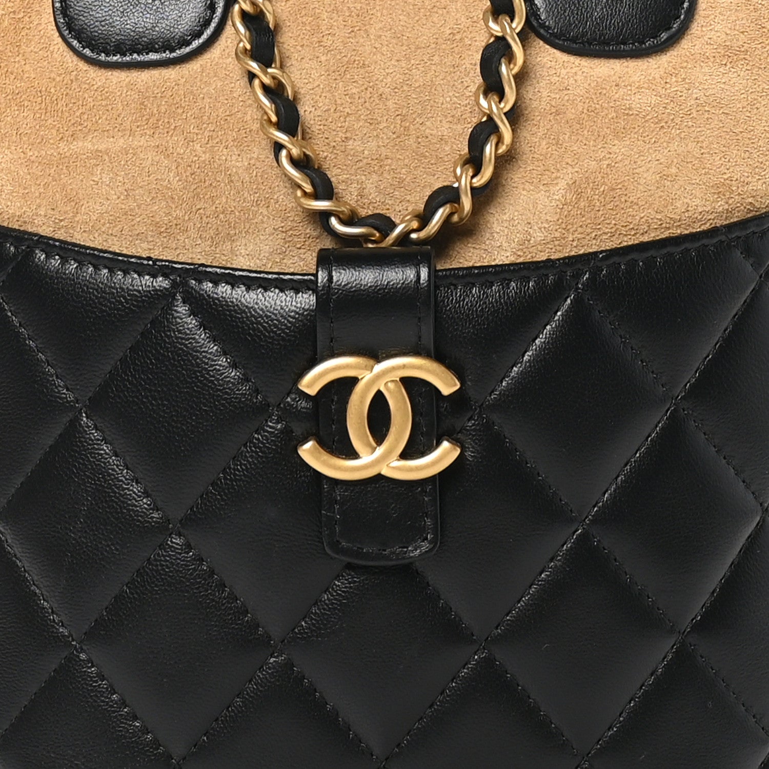 Suede Shiny Lambskin Quilted Top Handle Clutch With Chain Black Beige