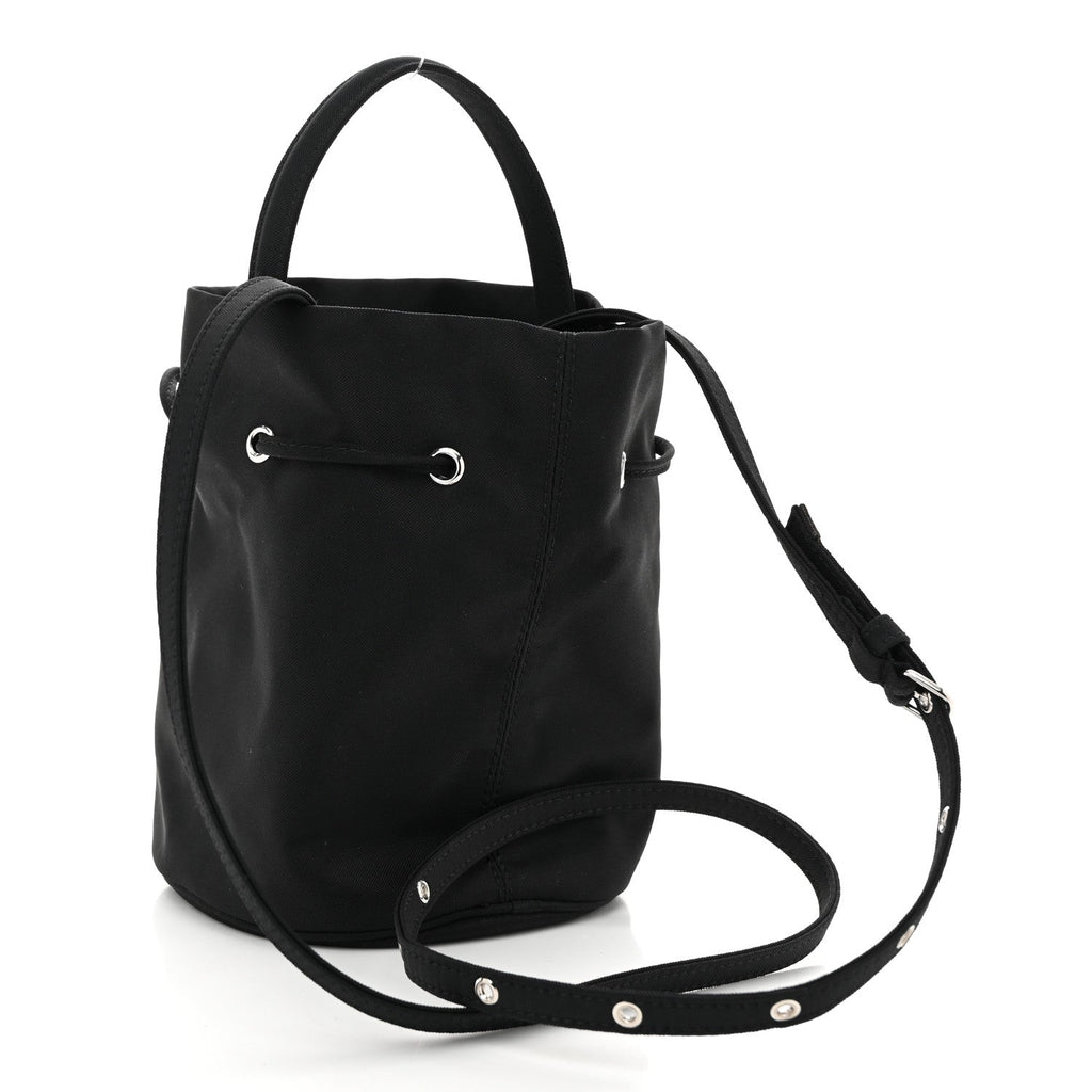 Recycled Sport Nylon Logo Embroidered Wheel Drawstring Bucket Bag Black White