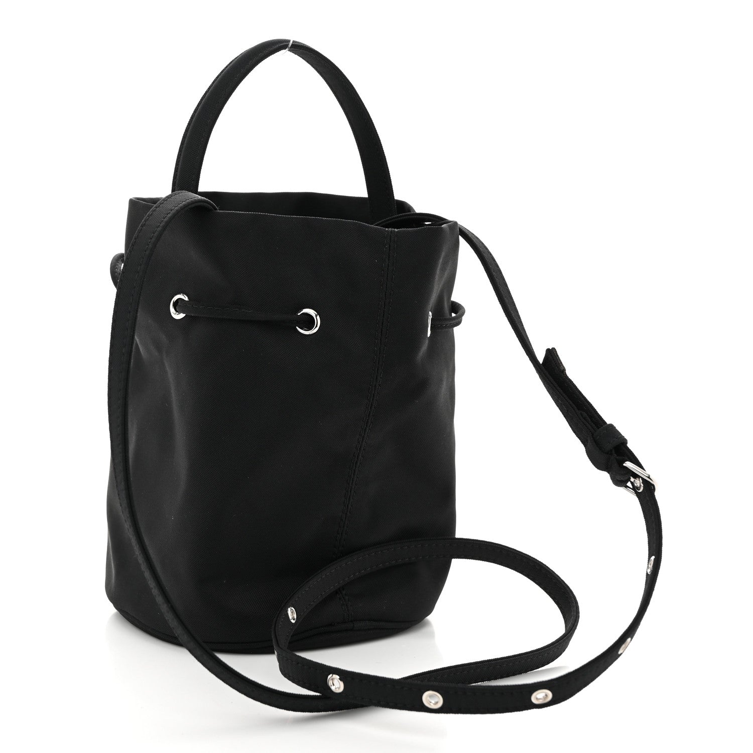 Recycled Sport Nylon Logo Embroidered Wheel Drawstring Bucket Bag Black White