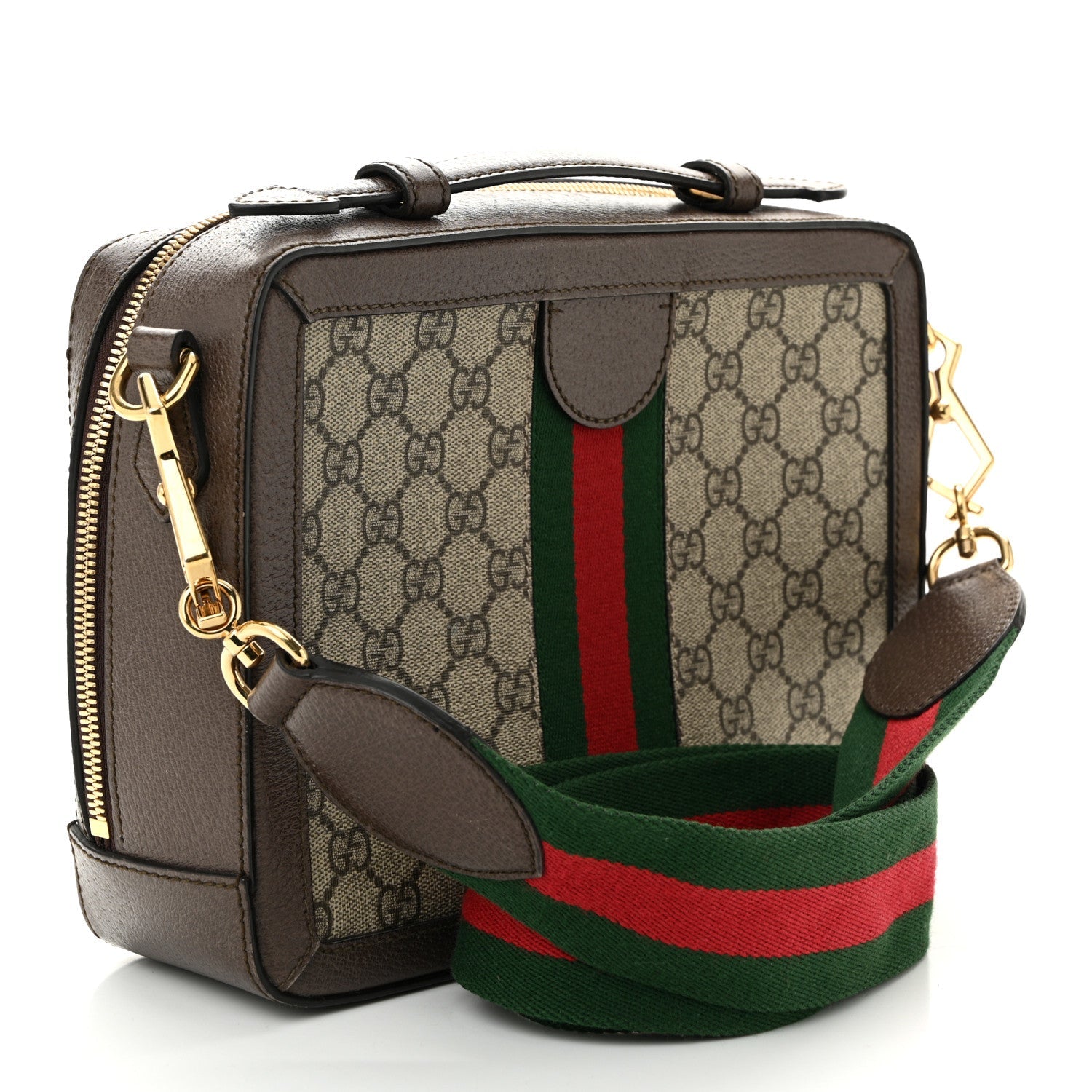 GG Supreme Monogram Web Small Ophidia Top Handle Shoulder Bag Brown