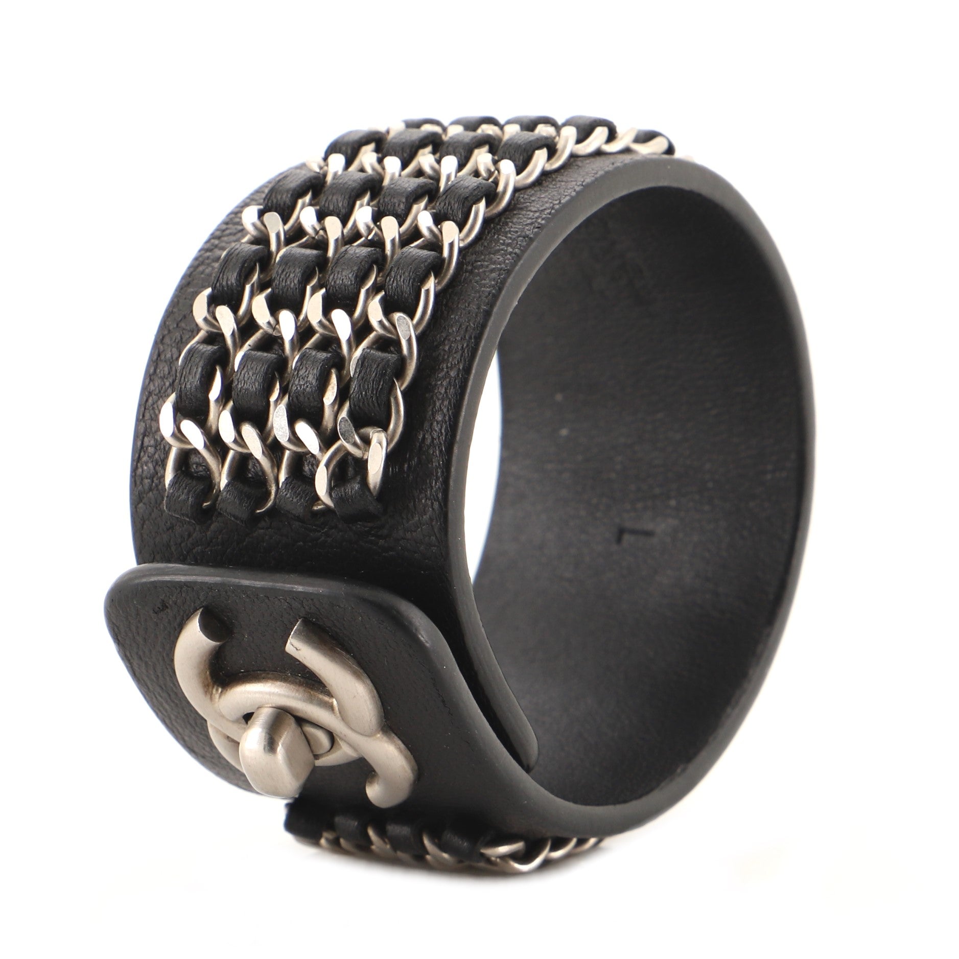CC Turnlock Chain Cuff Bracelet Leather with Metal Wide