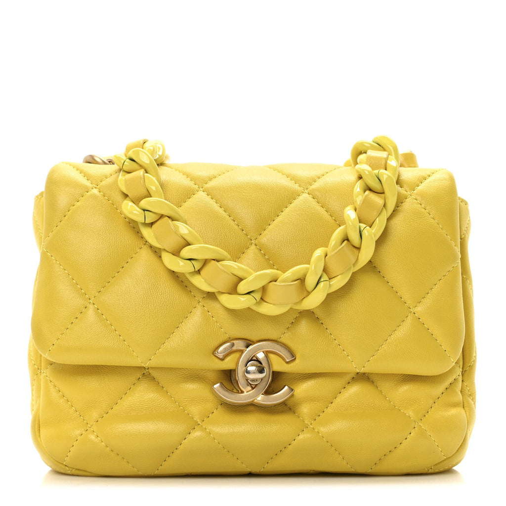 Lambskin Quilted Mini Lacquered Chain Flap Yellow