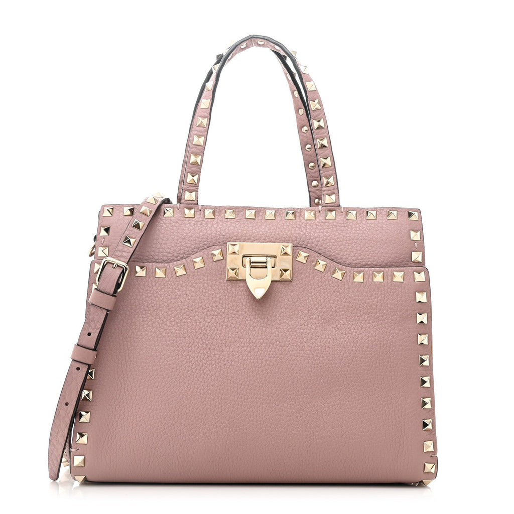 Grained Calfskin Rockstud Flip Lock Tote Lipstick
