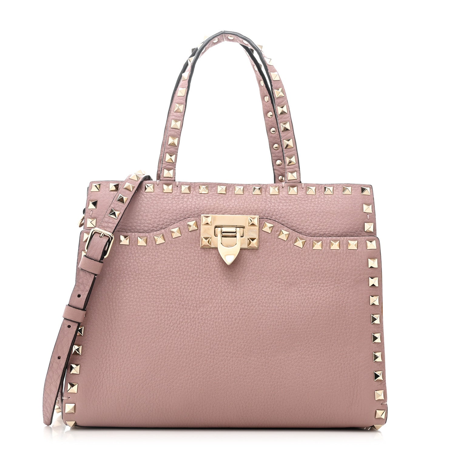 Grained Calfskin Rockstud Flip Lock Tote Lipstick