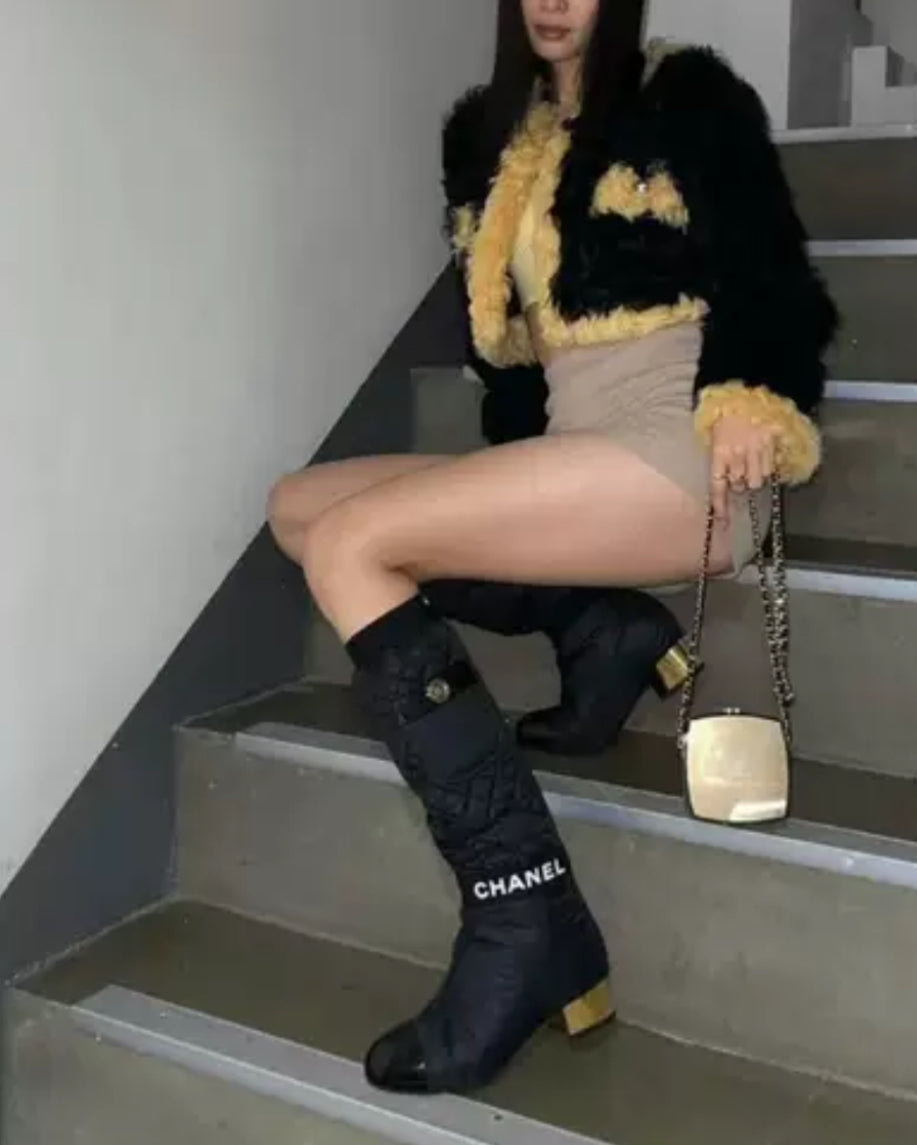 Chanel 21K Black & Light Orange Shearling Lambskin Jacket
