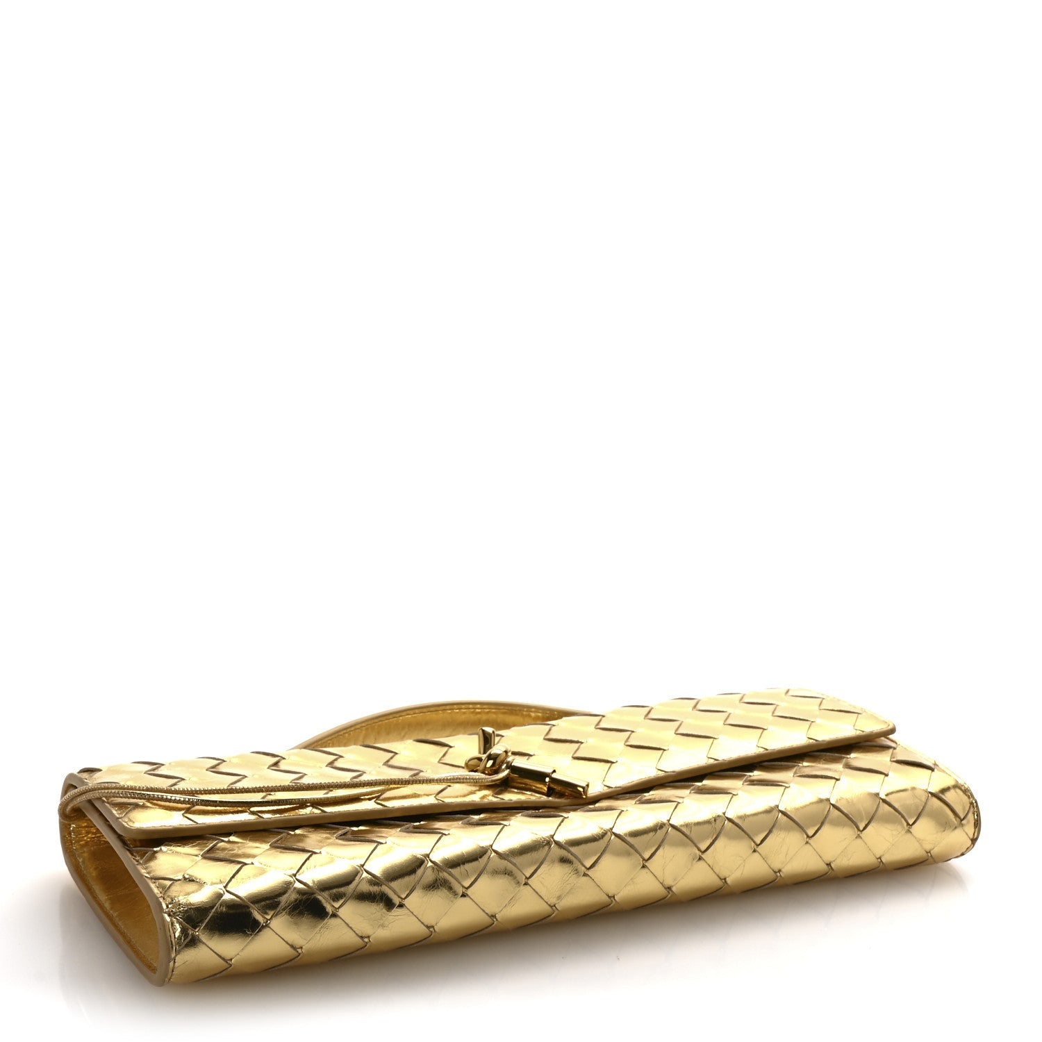 Metallic Lambskin Intrecciato Long Andiamo Top Handle Clutch Gold