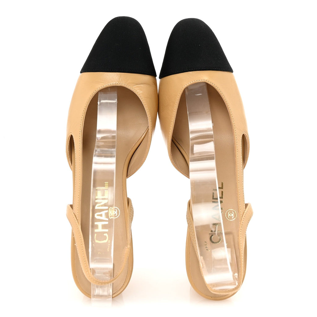 Goatskin Grosgrain Cap Toe CC Slingback Pumps 37 Beige Black