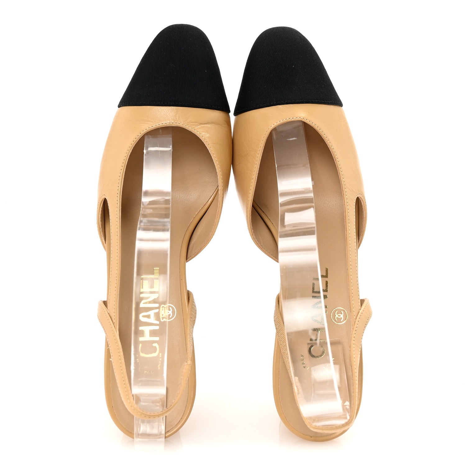 Goatskin Grosgrain Cap Toe CC Slingback Pumps 37 Beige Black