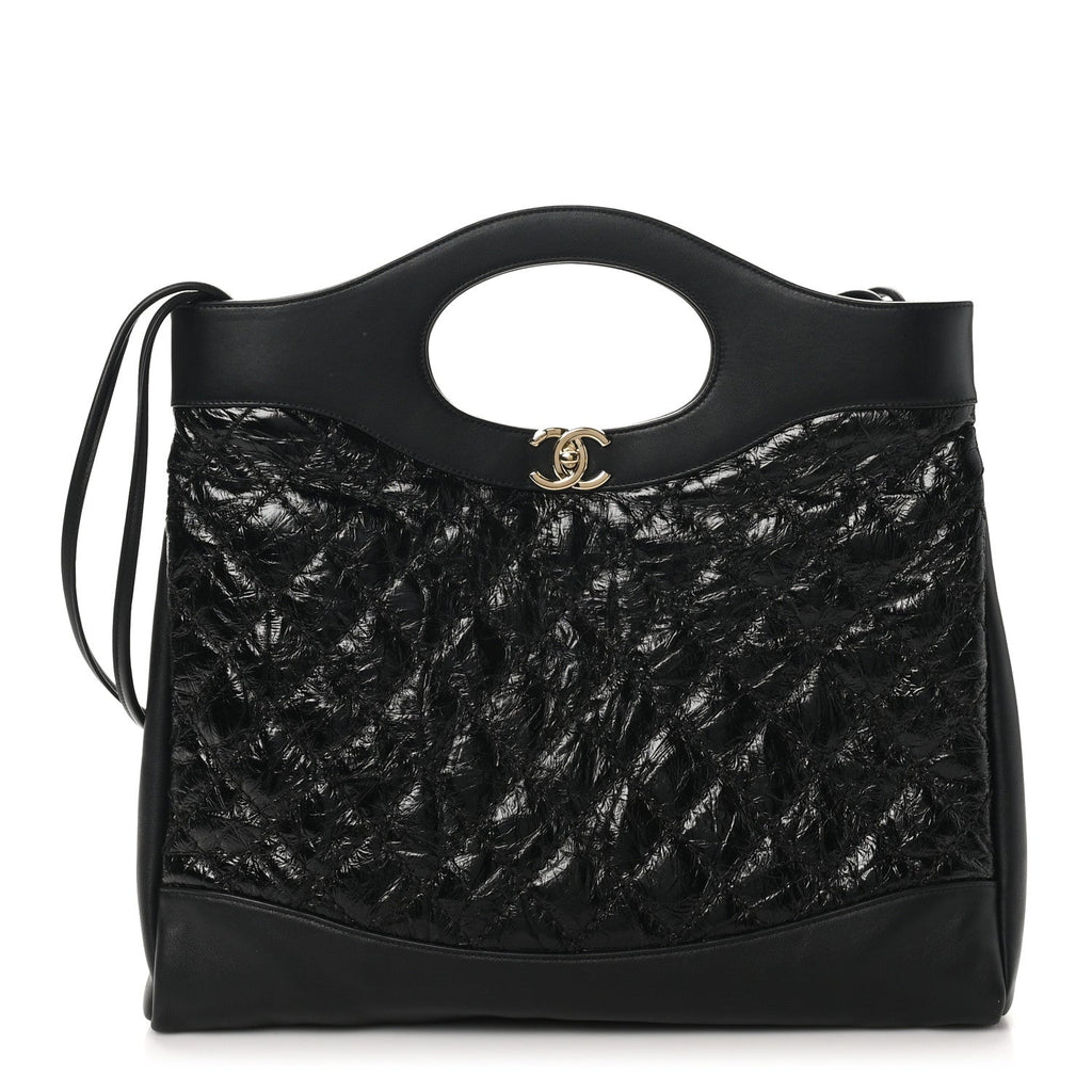 Crumpled Calfskin Quilted 31 Large Shopping Bag Black