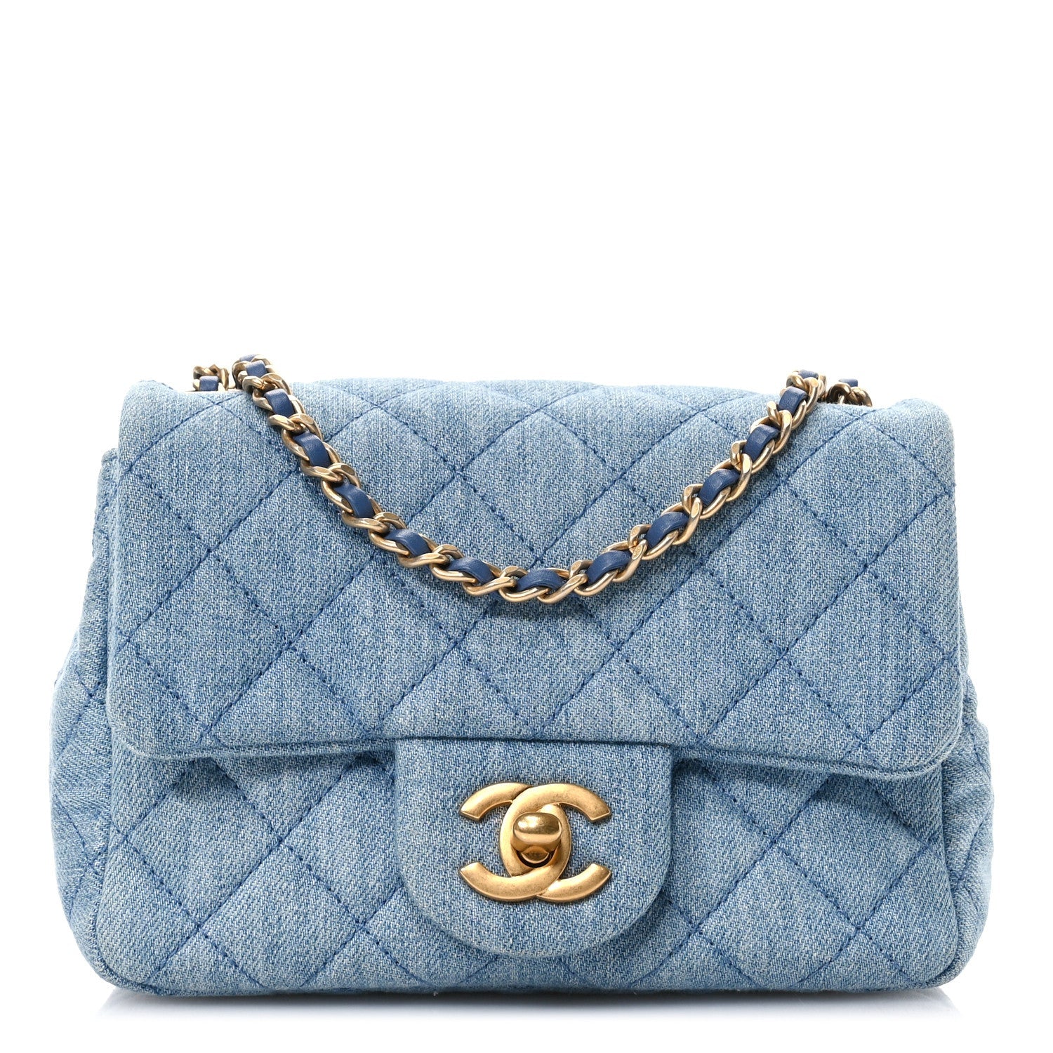 Denim Quilted Mini Pearl Crush Flap Blue
