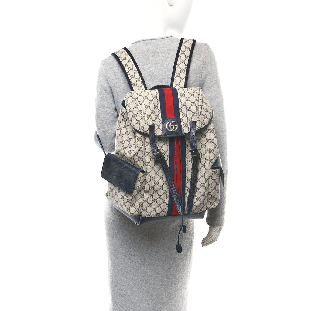 GG Supreme Monogram Medium Ophidia Double Buckle Backpack Beige Blue Black