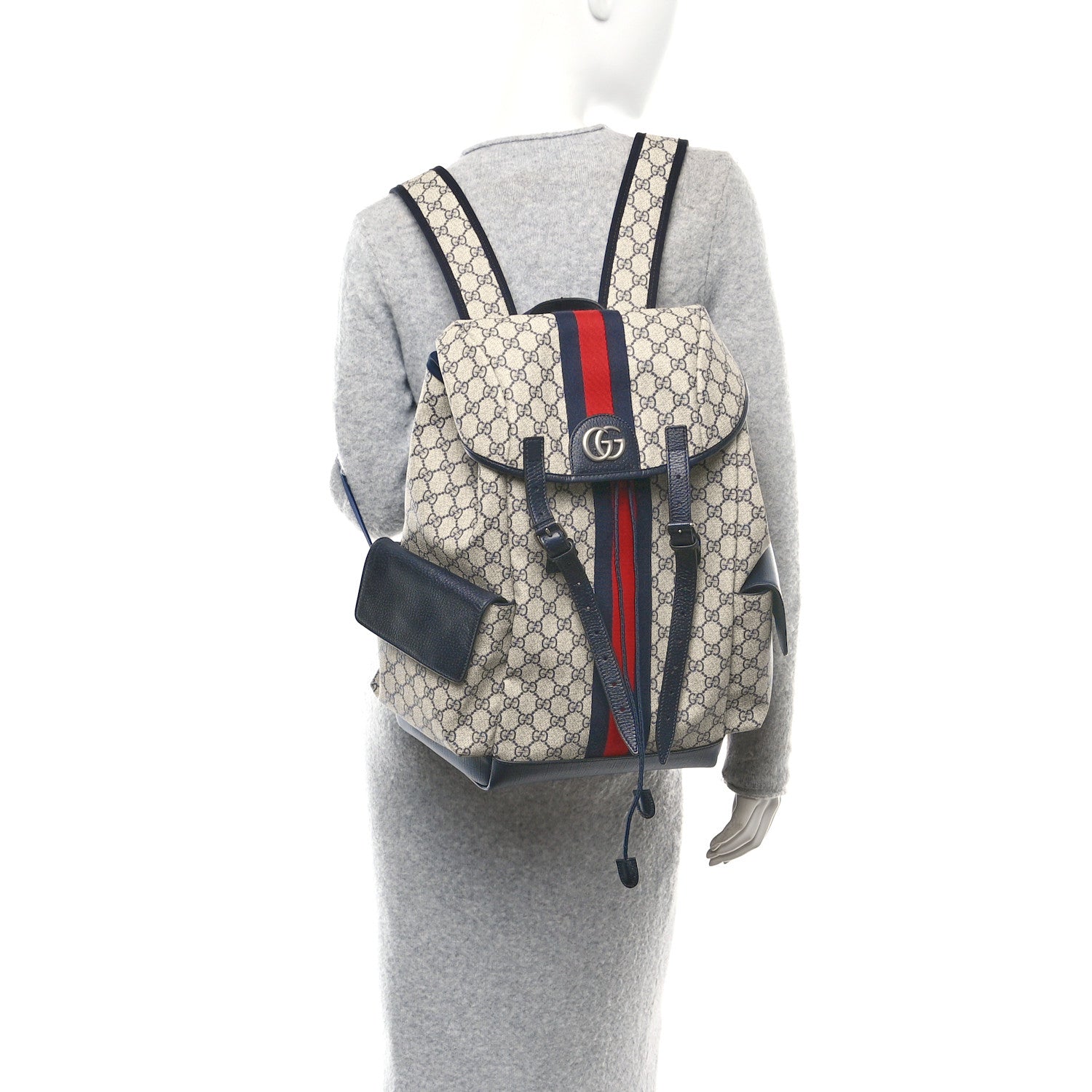 GG Supreme Monogram Medium Ophidia Double Buckle Backpack Beige Blue Black