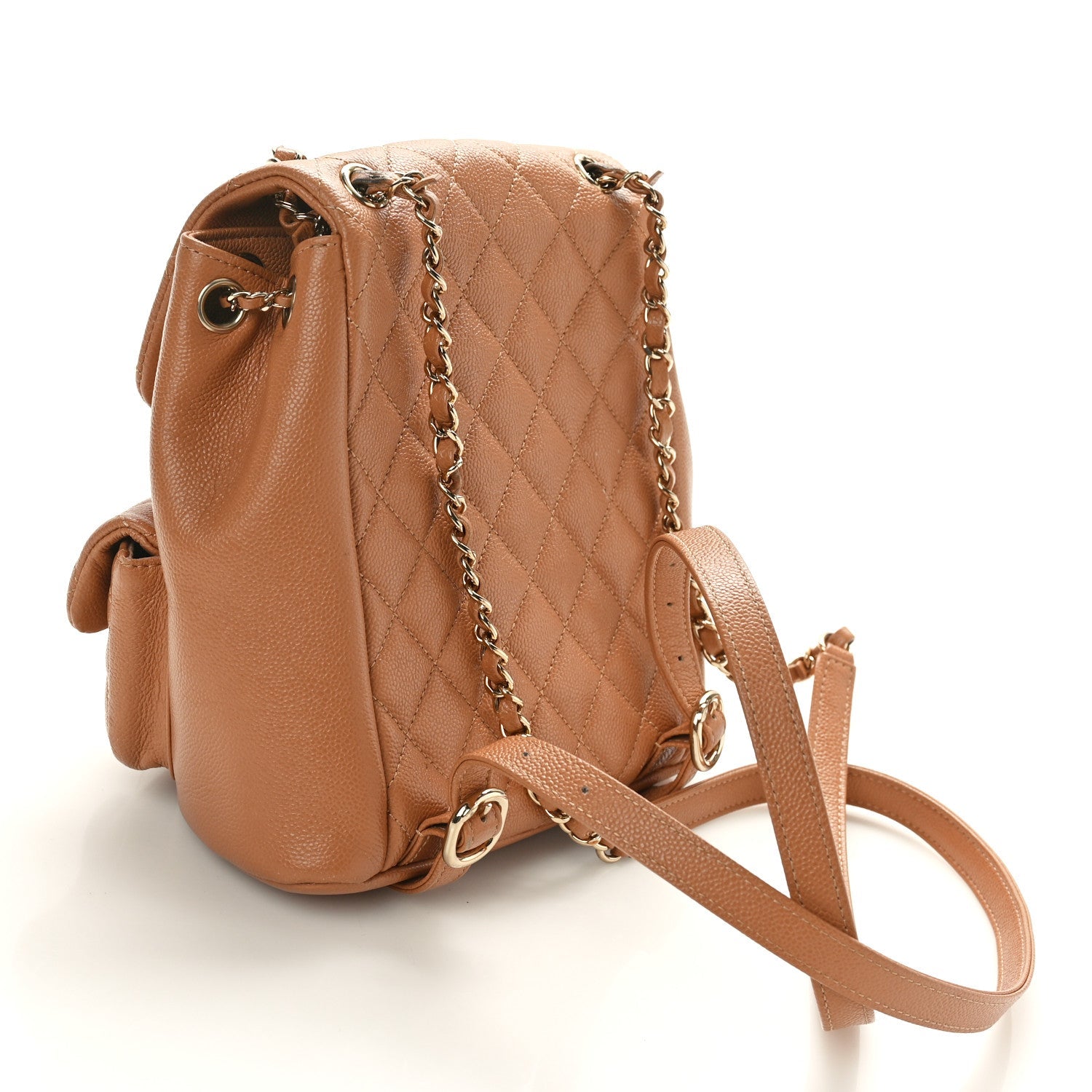Shiny Caviar Quilted Medium Duma Pockets Drawstring Backpack Dark Beige
