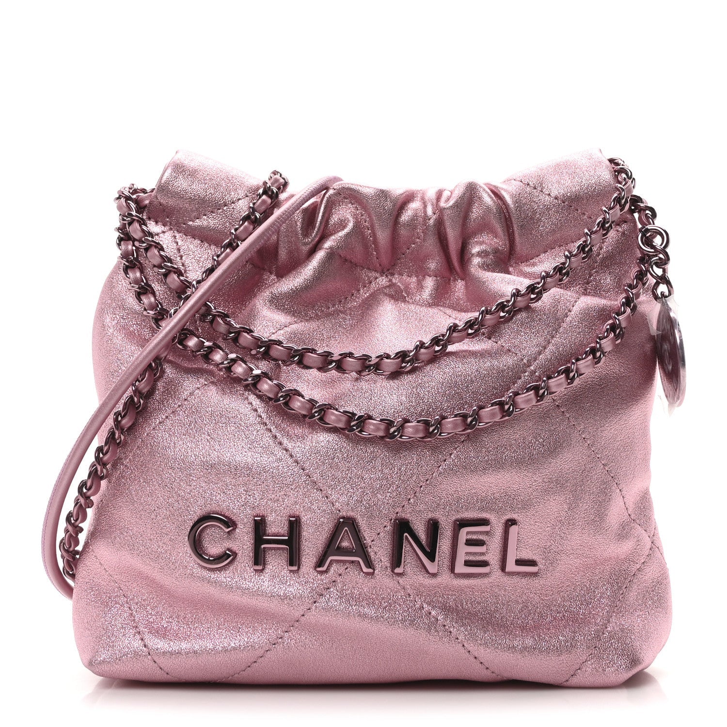 Metallic Lambskin Lacquered Monochrome Quilted Mini Chanel 22 Pink