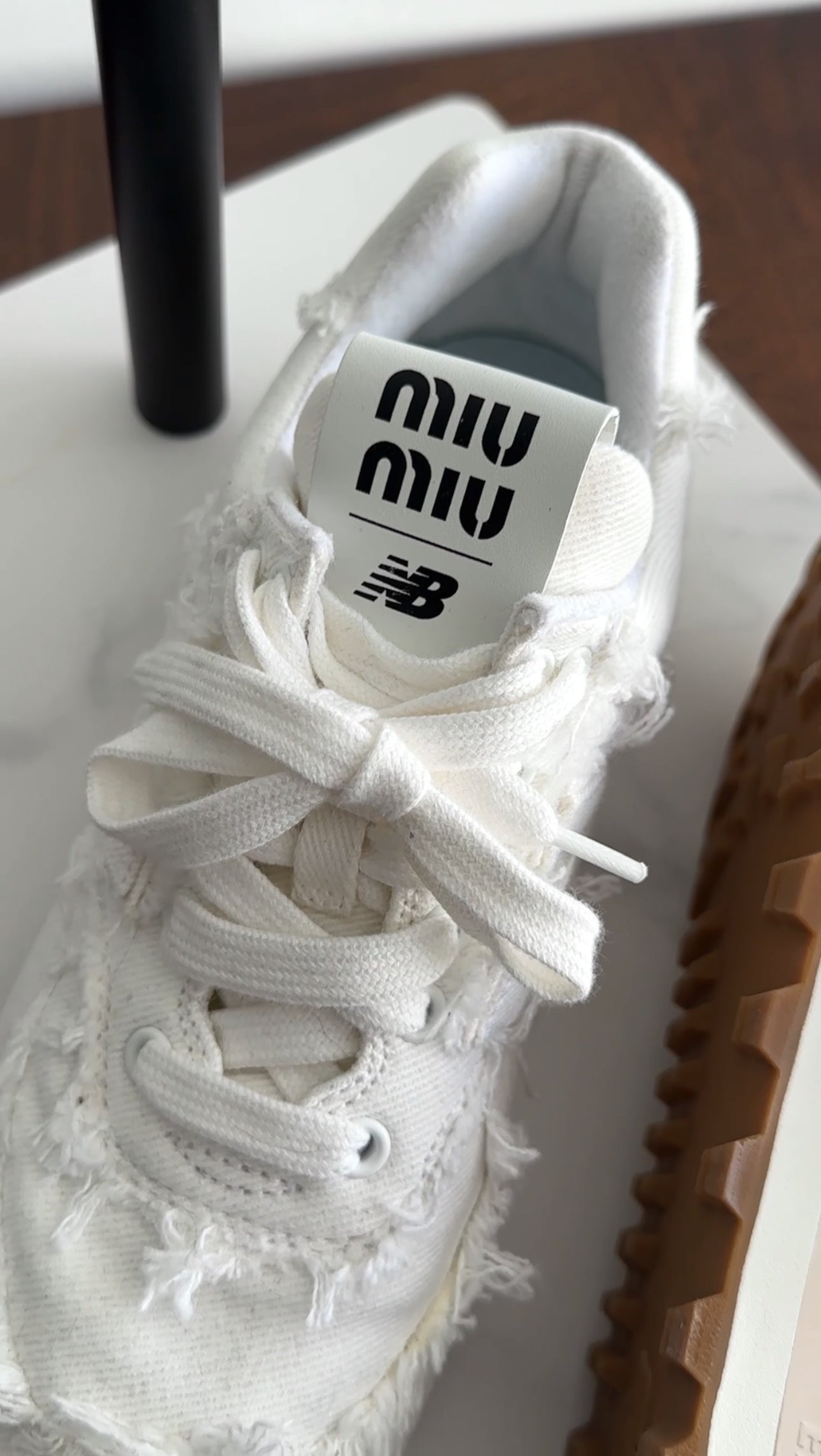 Miu Miu x New Balance White Frayed Denim Sneakers - 37