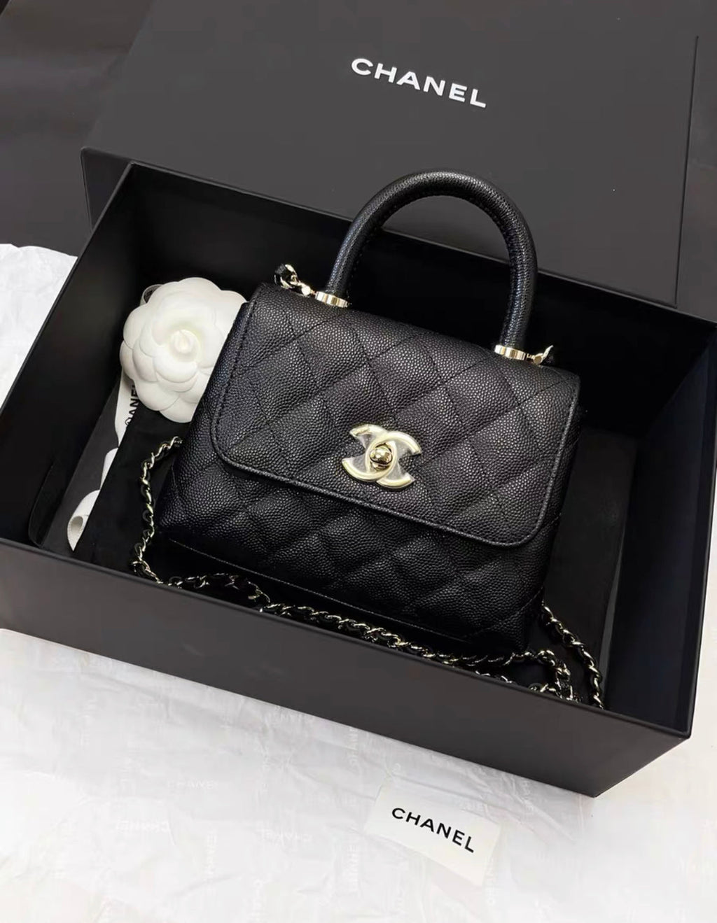 Chanel 24K Nano Coco Top Handle Flap Bag Black Caviar Light Gold Hardware