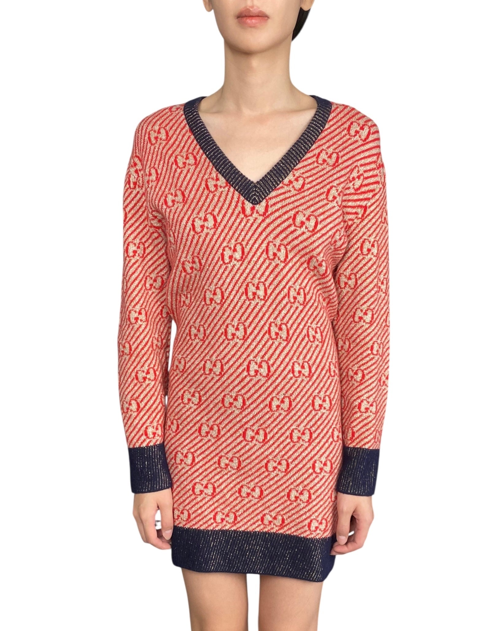 Gucci Red Striped Knit GG Wool Sweater Dress - L