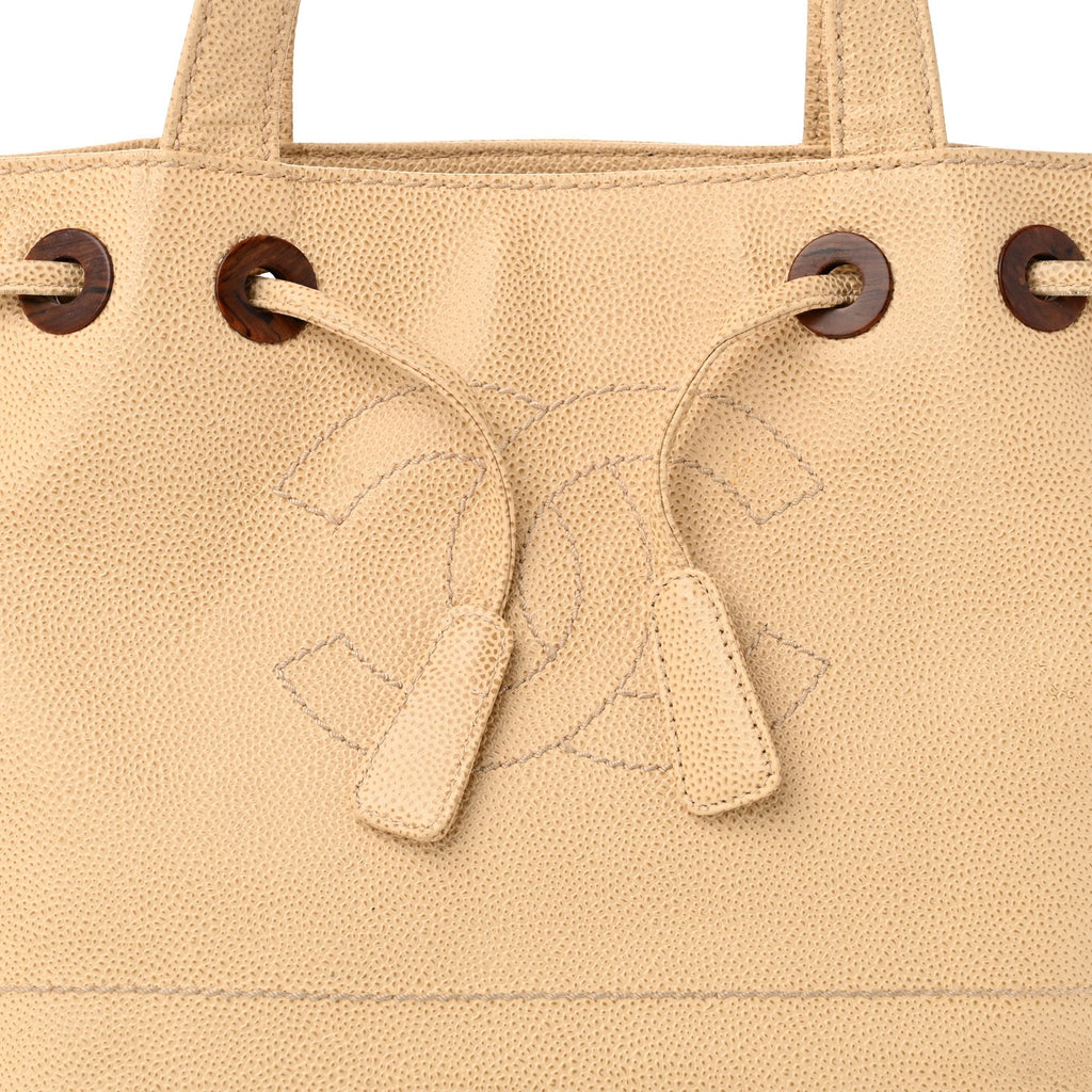 Caviar Wood CC Drawstring Bucket Bag Beige