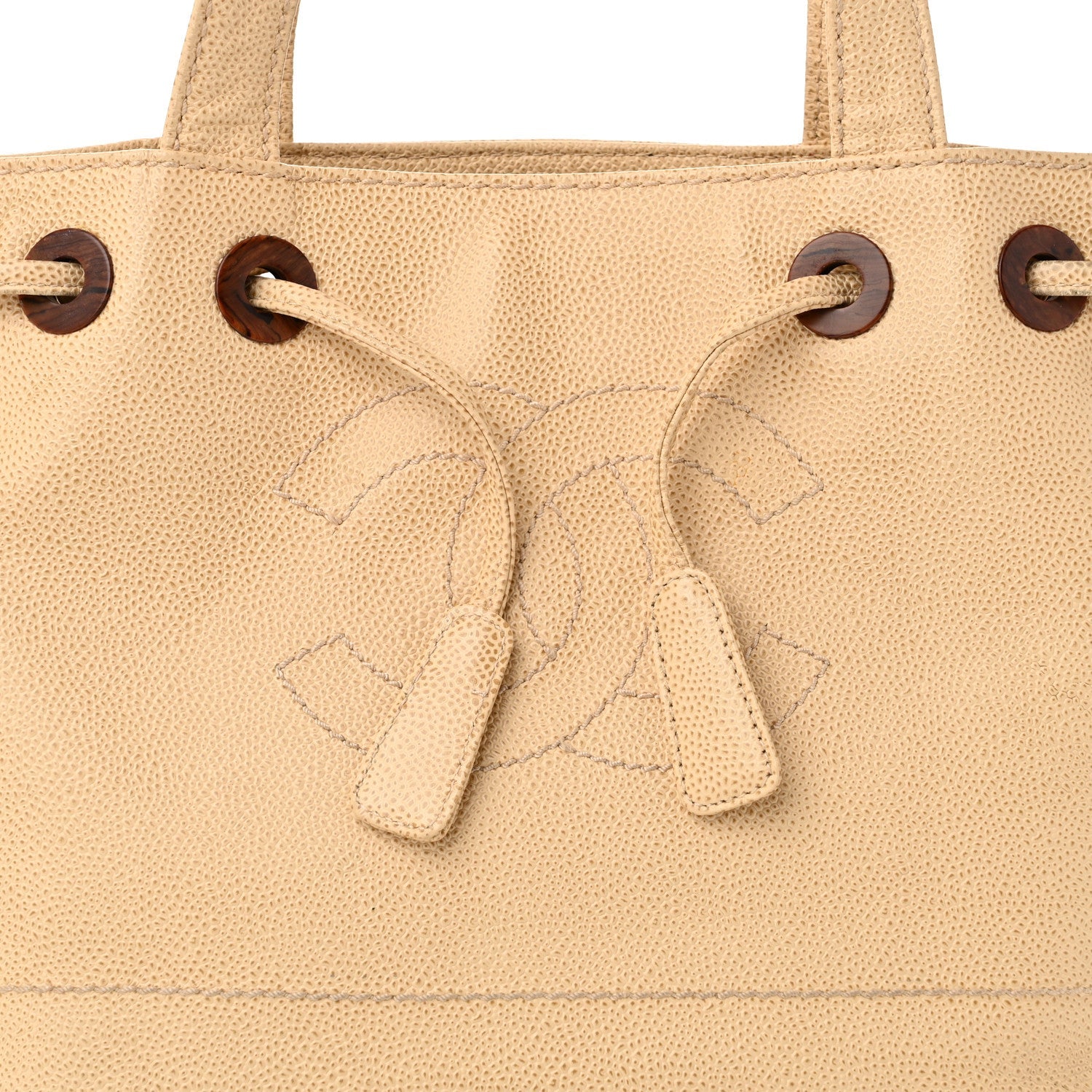 Caviar Wood CC Drawstring Bucket Bag Beige