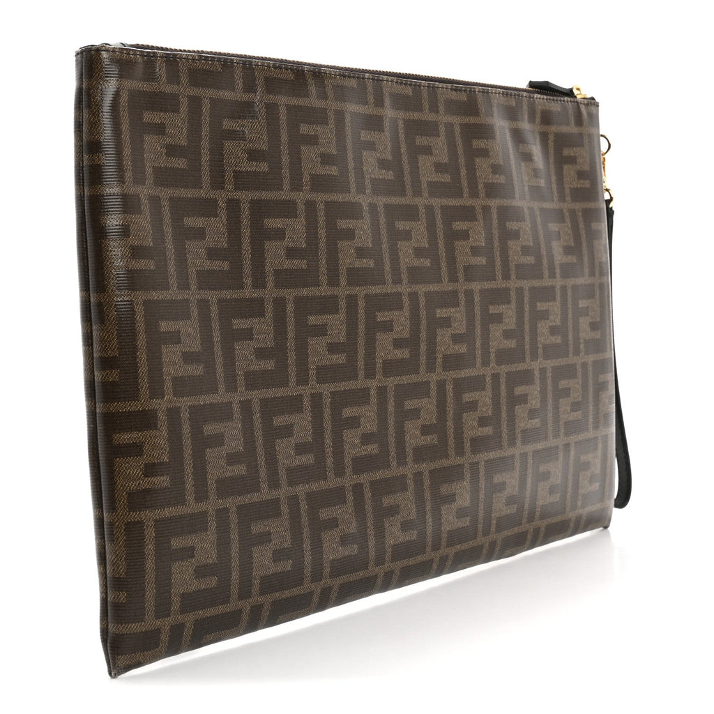 Glazed Fabric Vitello Century FF 1974 Stamp Patch Large Flat Pouch Mogano Panna Black