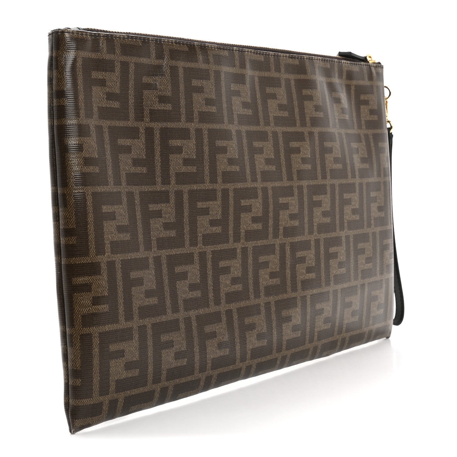 Glazed Fabric Vitello Century FF 1974 Stamp Patch Large Flat Pouch Mogano Panna Black