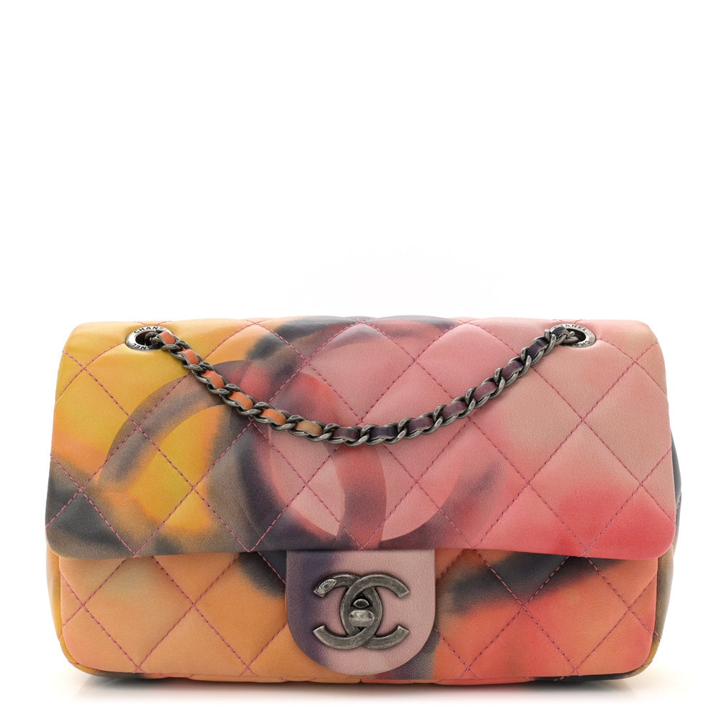 Printed Lambskin Quilted Small Flower Power Flap Ecru Orange Red Purple