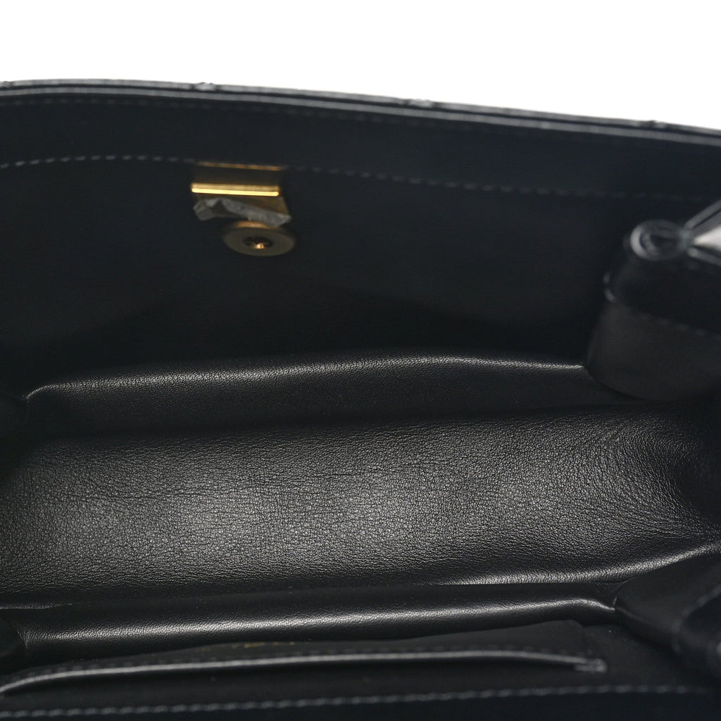 Shiny Calfskin Quilted Small Metal Chain Top Handle Flap Black