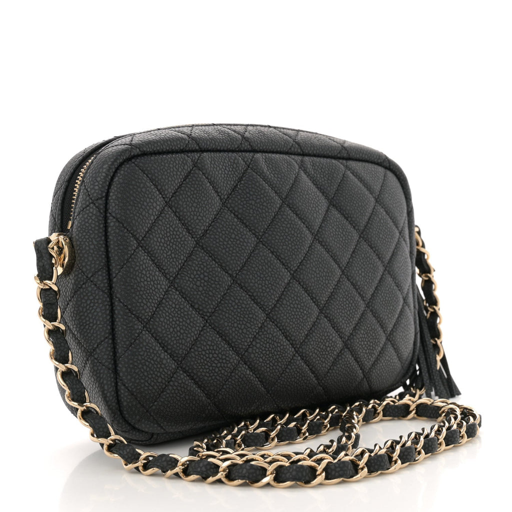 Iridescent Caviar Quilted Small Coco Tassel Camera Case Black