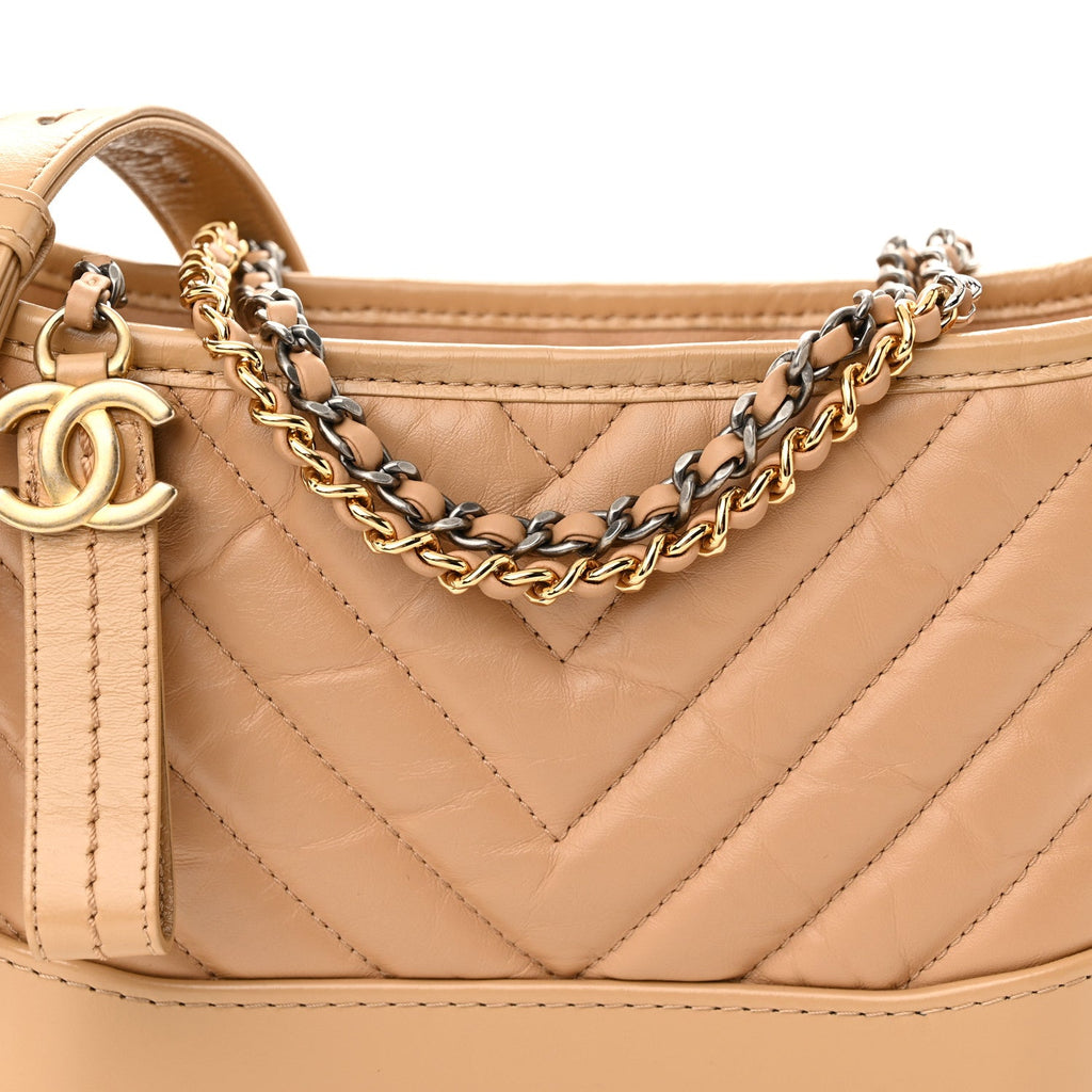 Aged Calfskin Chevron Quilted Small Gabrielle Hobo Beige