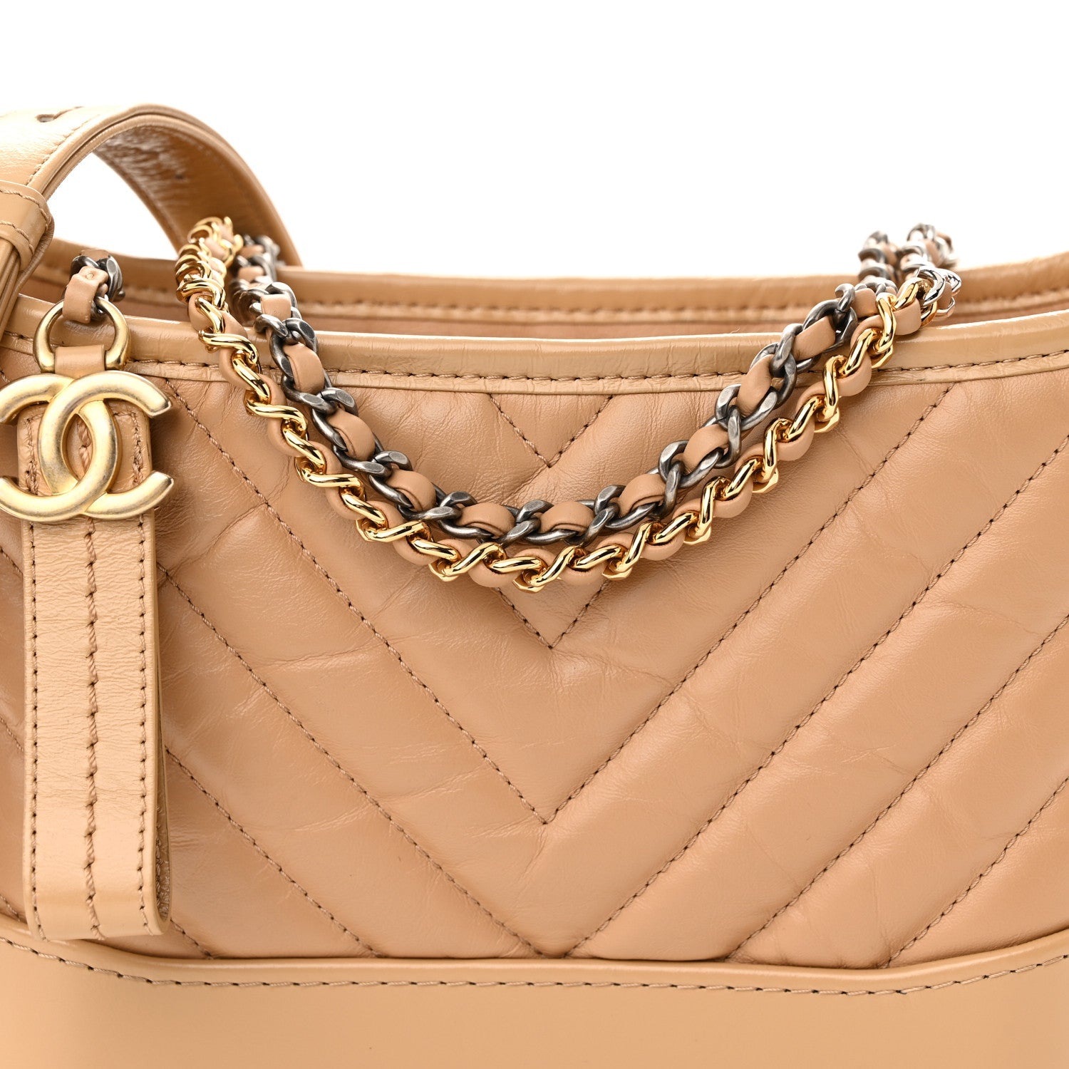 Aged Calfskin Chevron Quilted Small Gabrielle Hobo Beige