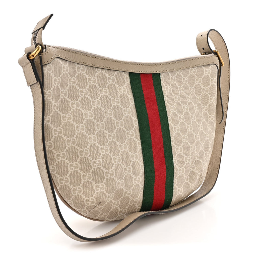 GG Supreme Monogram Textured Dollar Calfskin Web Small Ophidia Half Moon Hobo Beige Mystic White Oatmeal