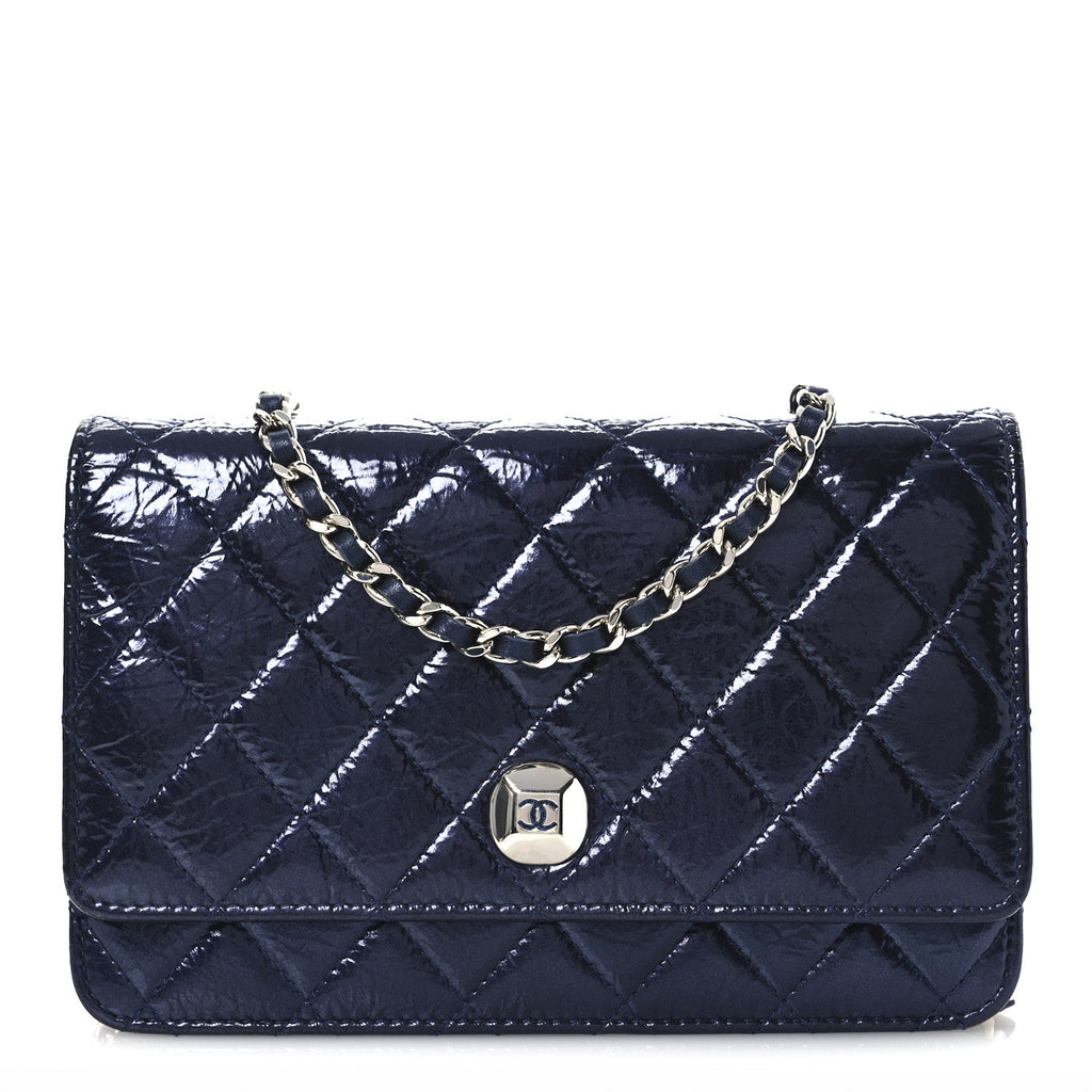 Patent Metallic Crumpled Calfskin Quilted Wallet On Chain WOC Navy