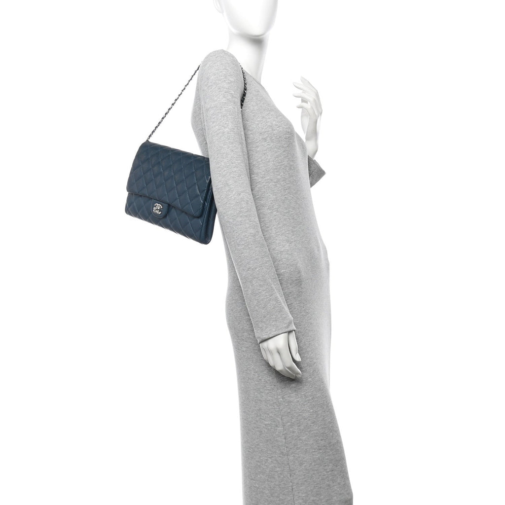 Caviar Quilted Clutch With Chain Flap  Blue