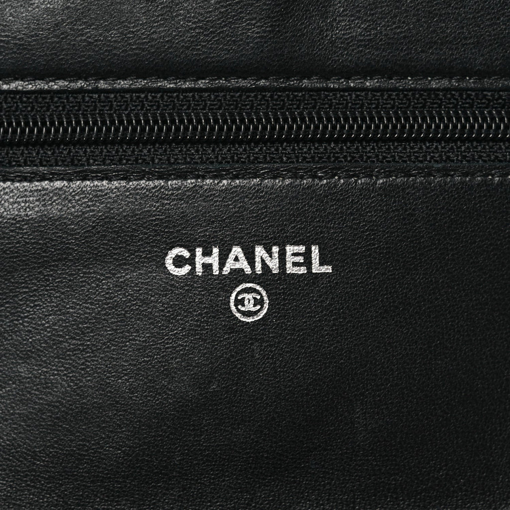 Lambskin Camellia Embossed Wallet on Chain WOC Black