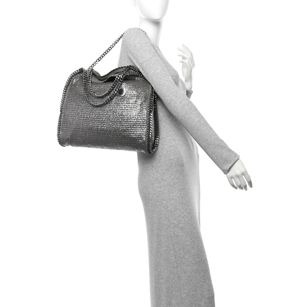 Metallic Woven Boucle Falabella Fold Over Tote Dark Grey