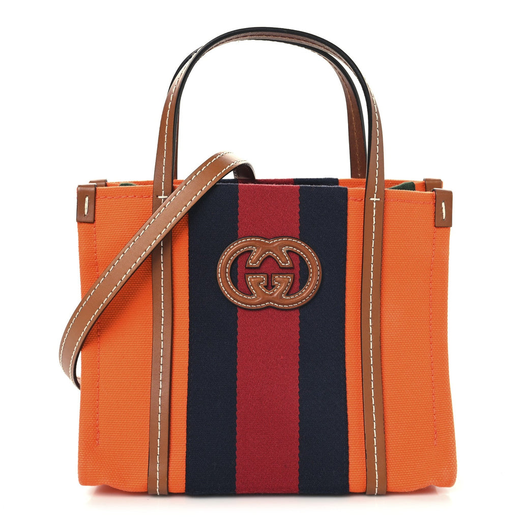 Canvas Calfskin Web Mini Interlocking G Top Handle Tote Vibrant  Orange Hazel Brown