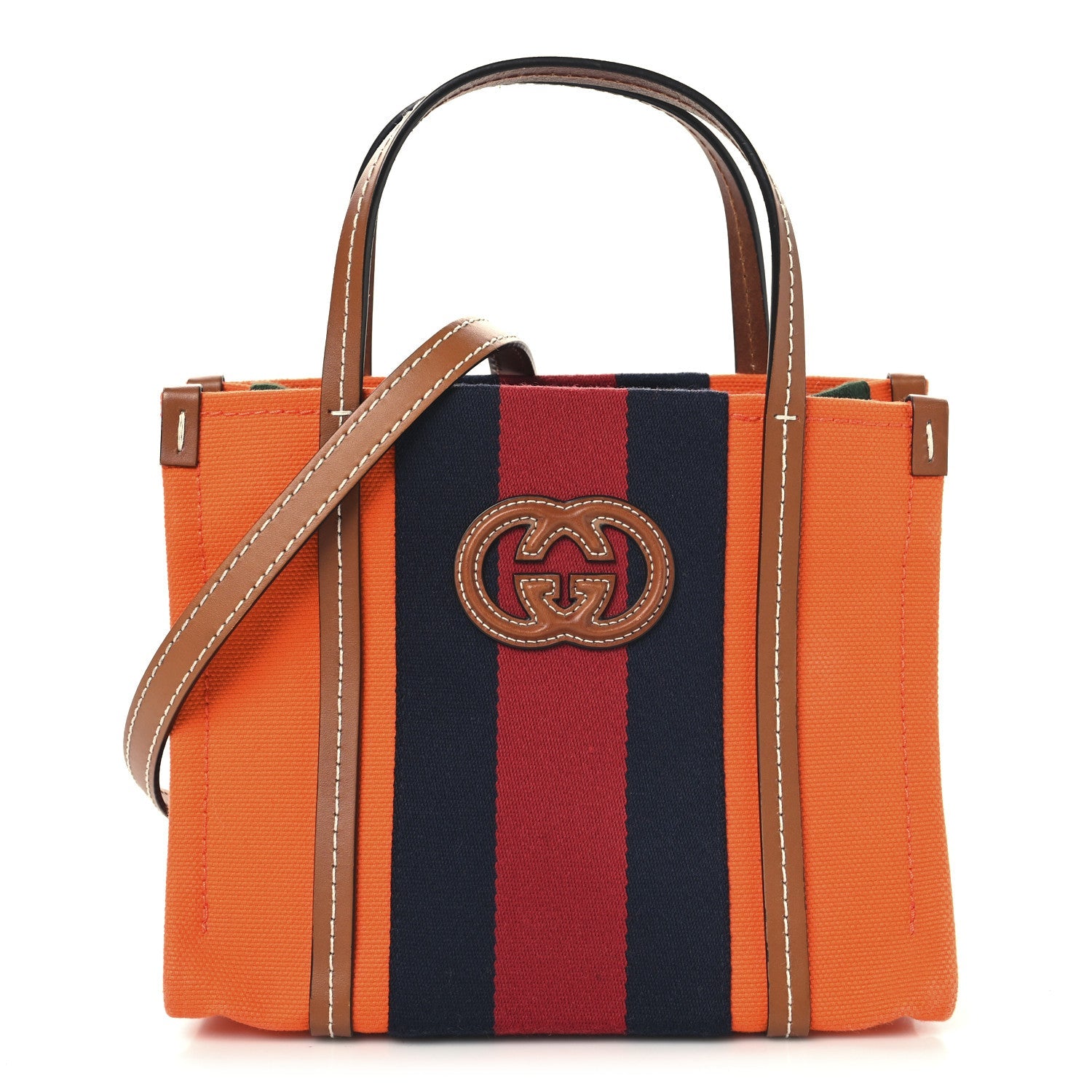 Canvas Calfskin Web Mini Interlocking G Top Handle Tote Vibrant  Orange Hazel Brown