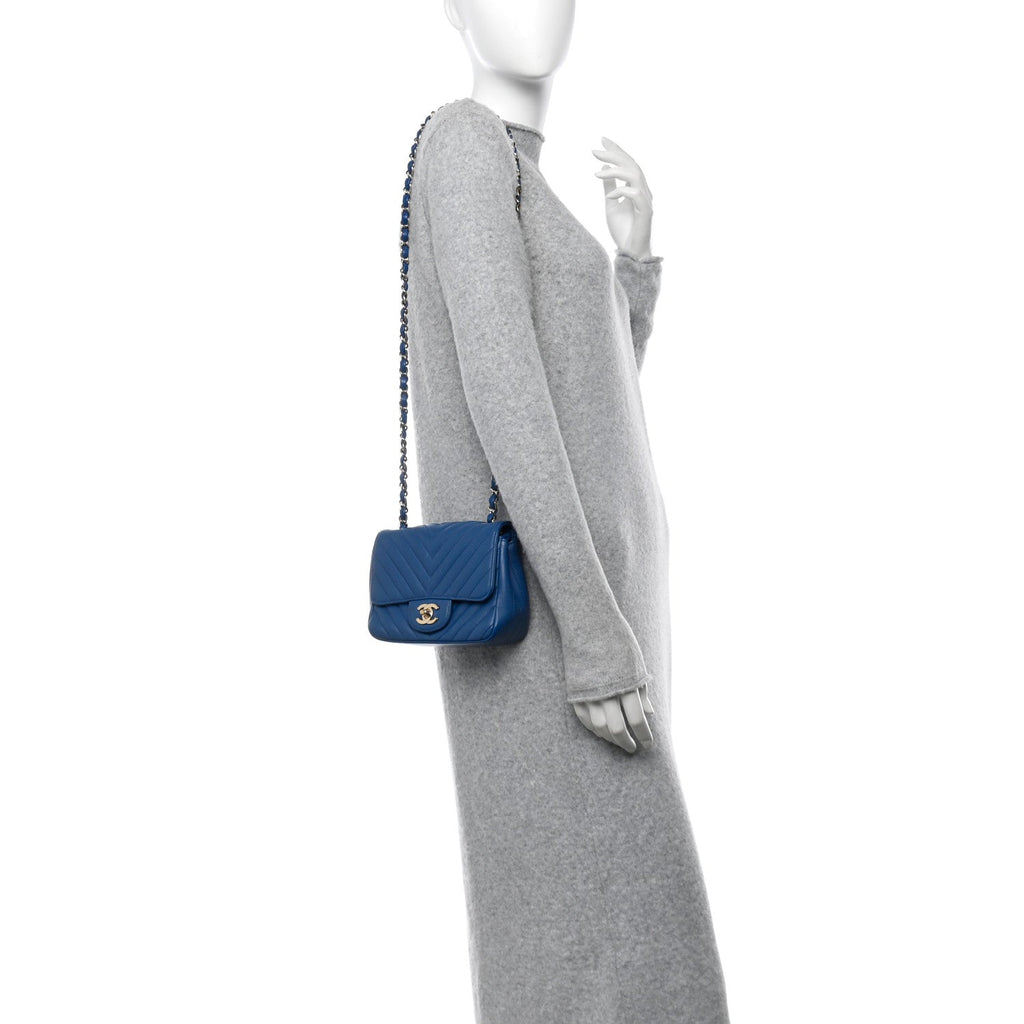 Lambskin Chevron Quilted Mini Square Flap Blue