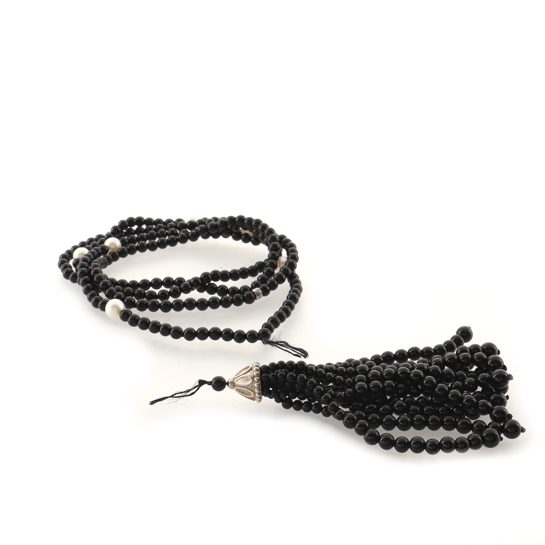 Ziegfeld Tassel Necklace Onyx with Sterling Silver and Freshwater Pearls