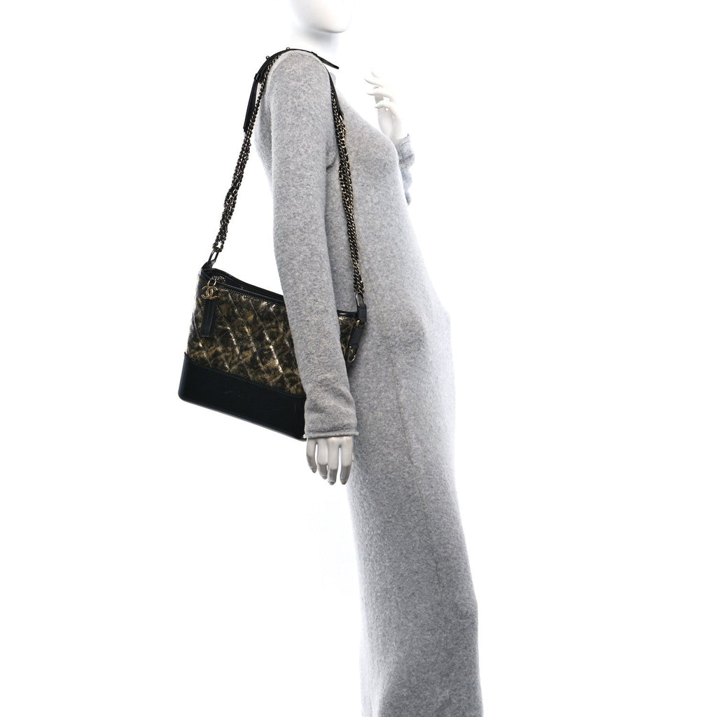 Metallic Crumpled Goatskin Quilted Medium Gabrielle Hobo Black Gold