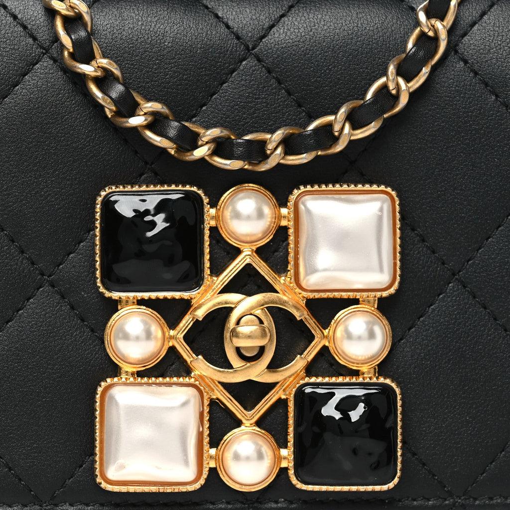 Calfskin Quilted Crystal Pearl Mini Flap Bag Black