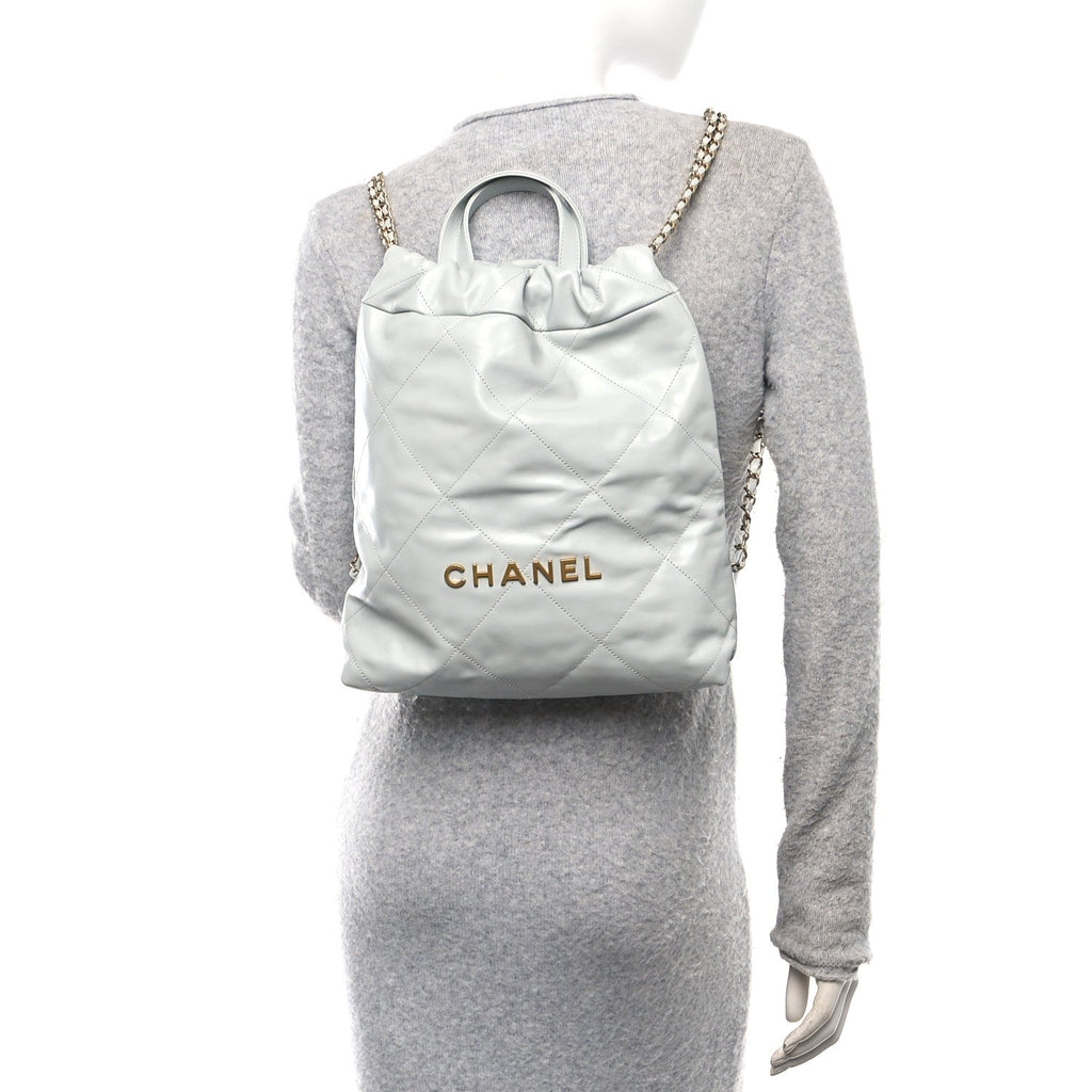 Shiny Calfskin Quilted Chanel 22 Backpack Light Blue