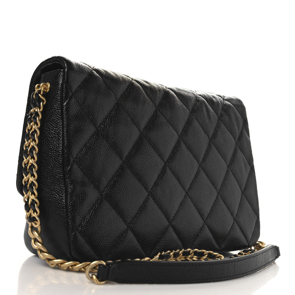Shiny Caviar Quilted Large Chain Melody Flap Black