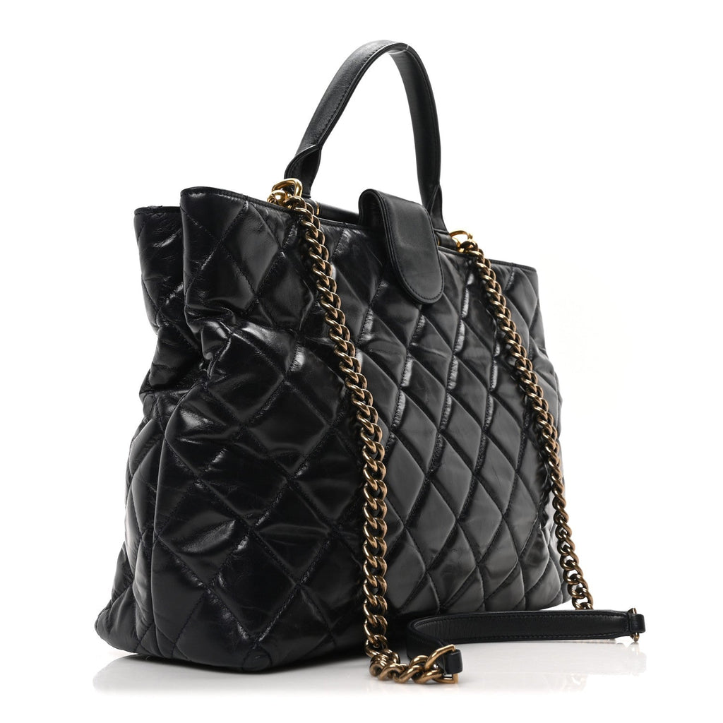 Calfskin Quilted Large Gold Bar Top Handle Tote Dark Navy Blue