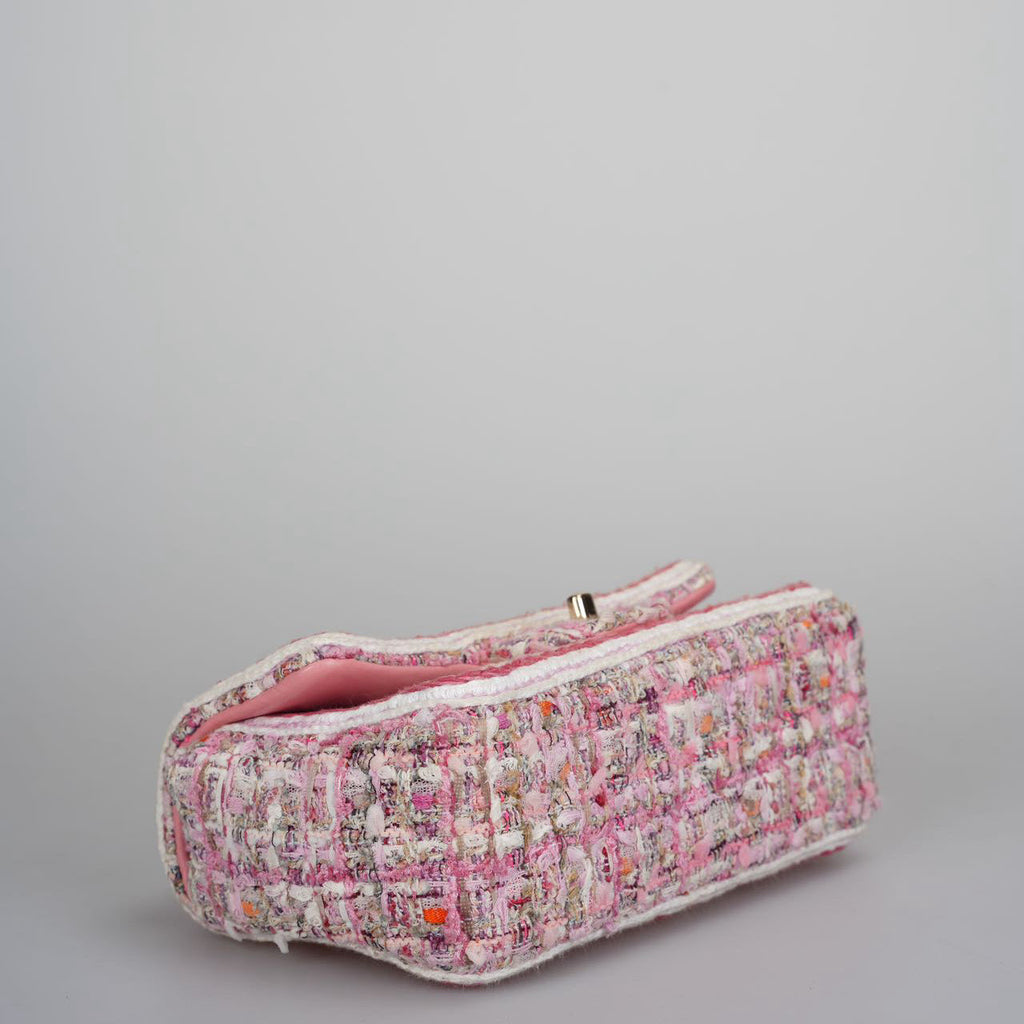 Chanel Tweed Classic Mini Flap Rectangle Bag in White and Pink with Gold Hardware